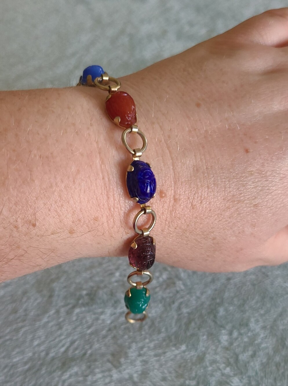 Vintage Gold Plated Egyptian Revival Glass Scarab Bracelet